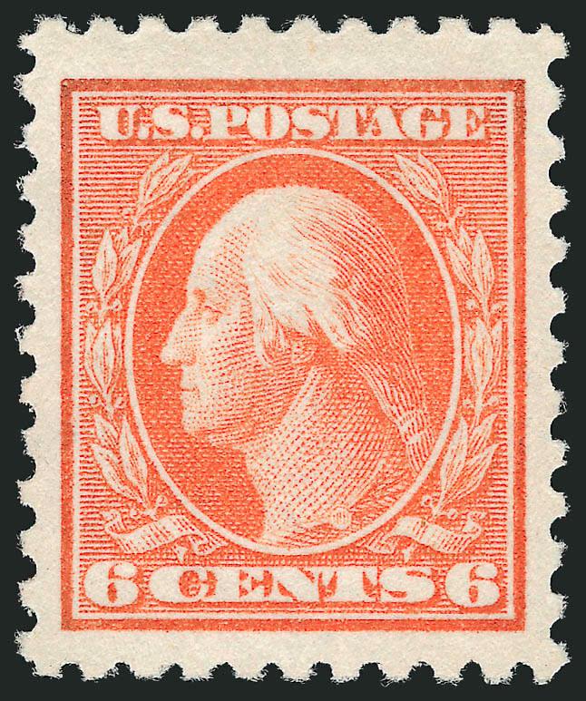 6c Red Orange (429).> Mint N.H., detailed impression, bright color, beautifully centered with Jumbo margins<><>^EXTREMELY FINE GEM. A VIBRANT AND SPECTACULAR MINT NEVER-HINGED JUMBO-MARGINED EXAMPLE OF THE
6-CENT WATERMARKED PERF 10 ISSUE.^<><>Wi