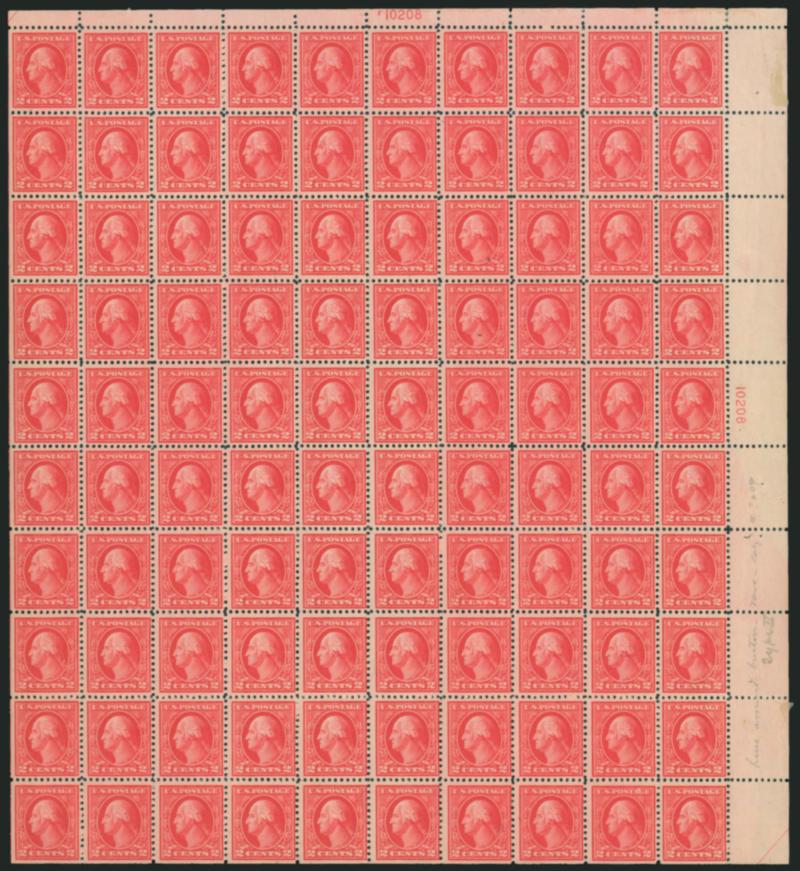 2c Deep Rose, Ty. Ia (500).> Complete Mint N.H. pane of 100 with top and right plate no. 10208 blocks of six, single trivial natural inclusion, Fine pane with several in the top right area rather nice, in our
opinion Scott Retail for the plate blocks