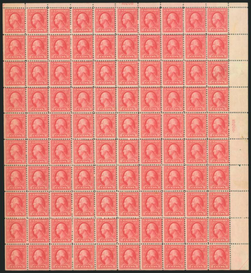 2c Deep Rose, Ty. Ia (500).> Complete Mint N.H. pane of 100 with top and right plate no. 10208 blocks of six, natural narrow selvage into top plate no., couple natural inclusions, Very Good-Fine, in our opinion
Scott Retail for the plate blocks is on