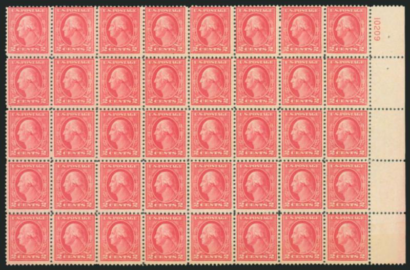 2c Deep Rose, Ty. Ia (500).> Mint N.H. block of 40 (8 x 5) with plate no. 10209 selvage at right, two with natural inclusion, two with perf dimples, Very Good-Fine, from the George Brett estate