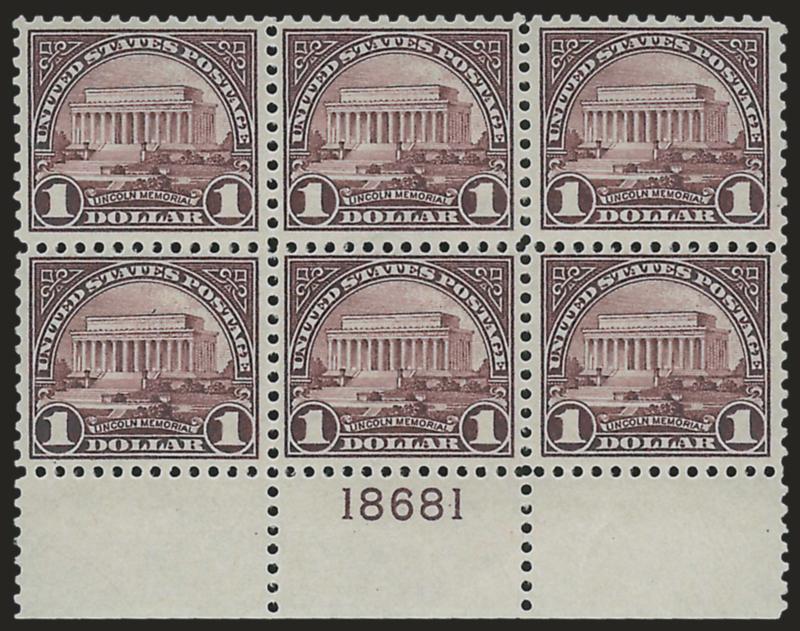 $1.00 Violet Black (571).> Mint N.H. bottom plate no. 18681 block of six, light natural gum bend, Fine-Very Fine