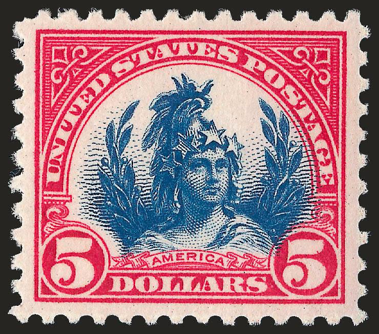 $5.00 Carmine & Blue (573).> Mint N.H., vivid colors, wide margins, Very Fine and choice, with 2008 P.S.E. certificate (VF-XF 85 SMQ $265.00)