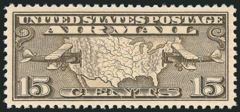15c Map (C7).> Mint N.H., magnificent wide balanced margins, strong color and clean impression, Extremely Fine Gem, the long-format Air Post issues are exceedingly difficult to get graded 98 or better, because
the horizontal perfs are often slightly