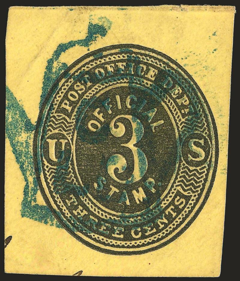3c Black on Lemon, Official Cut Square (UO7).> 31 x 37mm, bold, almost  complete strike of <Chicago blue Teapot fancy cancel,> light diagonal crease at top left, still a very rare and desirable fancy
cancel