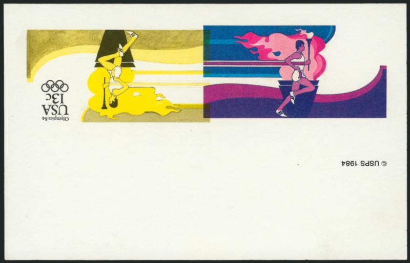 13c Olympic Torch, Black & Yellow Inverted (UX102a).> Unused, bright colors<><>^VERY FINE AND CHOICE. A RARE POSTAL CARD WITH NOT ONE BUT TWO COLORS INVERTED. A REMARKABLE RARITY -- ONLY FIVE HAVE BEEN
REPORTED.^<><>This was issued in 1984, and f