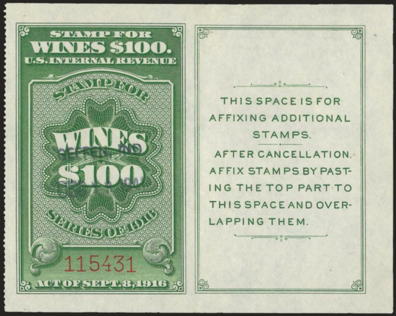 $100.00 Yellow Green, Wine (RE107D).> Perf 12-12 at left, neat 1941 handstamp cancel, wide margins, tiny filled staple holes, Very Fine appearance