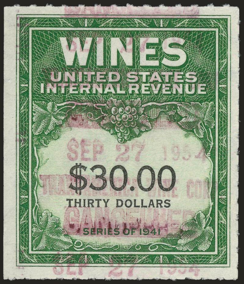 $30.00 Yellow Green & Black, Wine (RE182).> Choice centering, brilliant color, magenta handstamp cancel, faint wrinkle at bottom, Extremely Fine