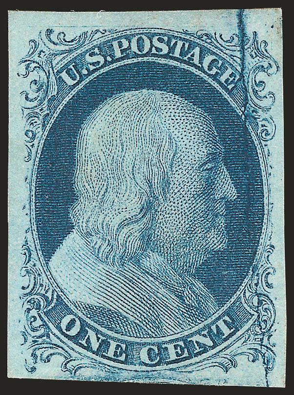 1c Blue, Ty. II, Cracked Plate (7 var).> Position 2L2 with huge crack along right side of design, original gum, huge margins all around, incredibly intense shade and impression<><>^EXTREMELY FINE GEM EXAMPLE OF
THIS SCARCE ONE-CENT 1851 ISSUE CRACK