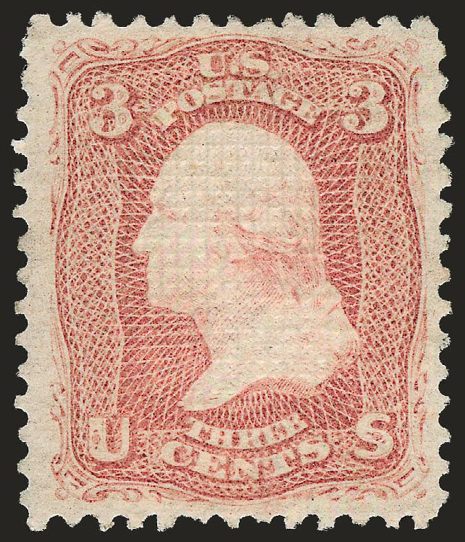 3c Rose, D. Grill (85).> Original gum, choice centering for this difficult issue with unusually wide margins, deep shade, prominent grill with full width visible<><>^EXTREMELY FINE EXAMPLE OF THE RARE 1868
3-CENT D GRILL. ONE OF THE FINEST OF THE F