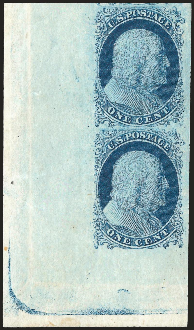 1c Blue, Ty. II (7).> Positions 8191L2, vertical pair, original gum, small h.r., enormous margins all around incl. <huge bottom left corner sheet margins,> the sheet margins are so wide they actually capture the
outline of the edge of the printing p