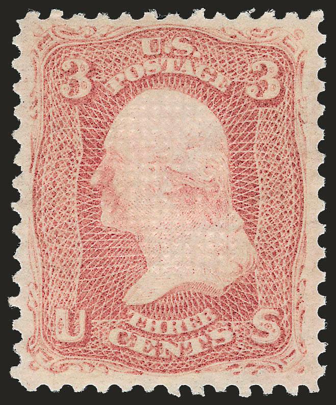 3c Rose, E. Grill (88).> Original gum, vibrant color, clearly-defined grill, post-office fresh paper, crisp impression with some printers ink on face from partially unwiped plate, long and full
perforations<><>^VERY FINE AND CHOICE. A GORGEOUS ORI