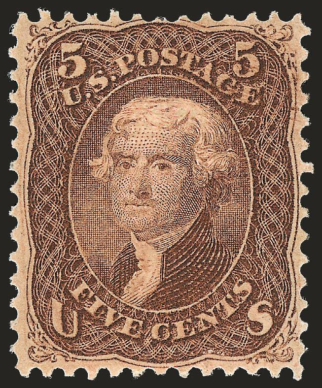 5c Brown, F. Grill (95). Mint N.H.,> deep rich color and proof-like impression, clearly-impressed grill, choice centering for this narrowly-spaced issue, single nibbed perf at top not mentioned on accompanying
certificate<><>^VERY FINE AND CHOICE.