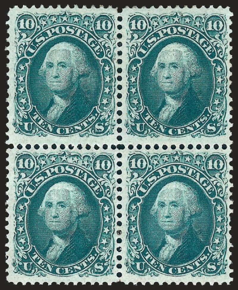 10c Yellow Green, F. Grill (96).> Block of four, original gum, lightly hinged, rich color, clearly-defined grills<><>^VERY FINE AND CHOICE. A SCARCE SOUND AND WELL-CENTERED ORIGINAL-GUM BLOCK OF FOUR OF THE 1868
10-CENT F GRILL.^<><>Almost every