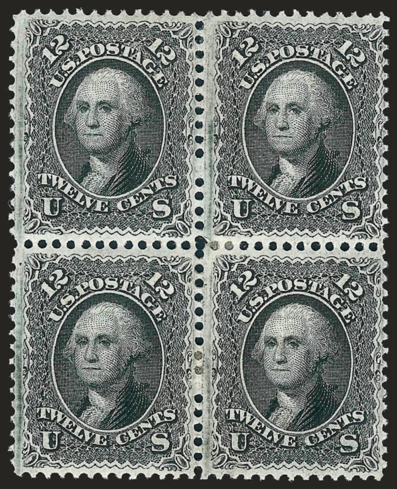 12c Black, F. Grill (97).> Block of four, original gum, small h.r., bright shade on crisp paper, clearly-defined grills, choice centering throughout<><>^VERY FINE AND CHOICE. A RARE SOUND AND CENTERED
ORIGINAL-GUM BLOCK OF FOUR OF THE 1868 12-CENT