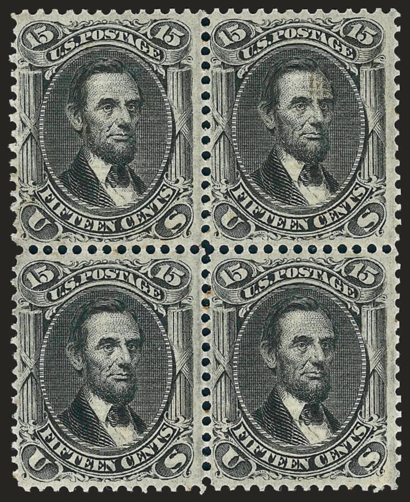 15c Black, F. Grill (98).> Block of four, original gum, lightly hinged, bright shade and detailed impression, clearly-defined grills, some tiny insignificant pinpoint gum toned specks not even worth mentioning
on accompanying 2007 P.F. certificate<>