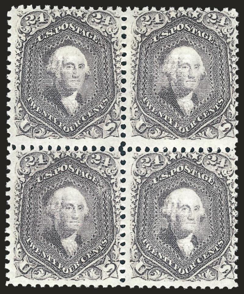 24c Gray Lilac, F. Grill (99).> Block of four, original gum, bright shade, clear grills<><>^FRESH AND FINE. A SCARCE ORIGINAL-GUM BLOCK OF FOUR OF THE 1868 24-CENT F GRILL. VERY FEW ARE SOUND.^<><>Our extensive
records contain perhaps a half-doze