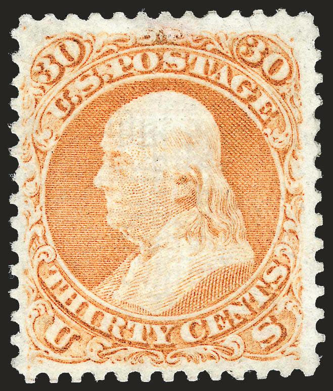 30c Orange, F. Grill (100).> Original gum, vibrant color as fresh as the day it was printed, wide margins for this difficult issue<><>^EXTREMELY FINE. THIS IS EASILY ONE OF THE FINEST ORIGINAL-GUM EXAMPLES OF
THE 1868 30-CENT F GRILL IN EXISTENCE.