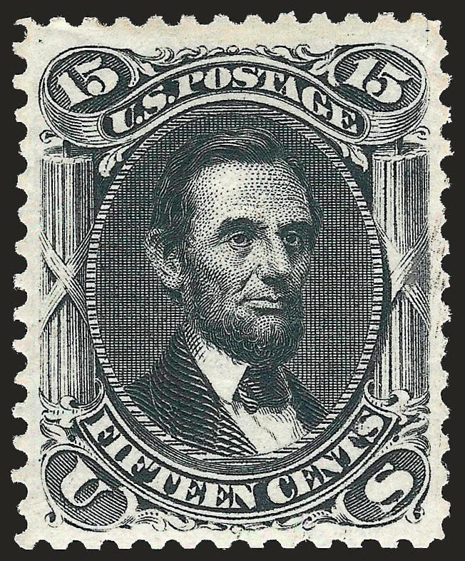 15c Black, Re-Issue (108).> Original gum, intense shade and impression nicely complemented by bright paper, wide margins, trivial nibbed perf at right<><>^VERY FINE AND CHOICE. A PARTICULARLY ATTRACTIVE
ORIGINAL-GUM EXAMPLE OF THE 15-CENT 1866 RE-I