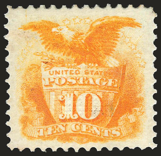 10c Yellow (116).> Original gum, vivid color and impression, wide margins and choice centering<><>^EXTREMELY FINE. A PARTICULARLY FRESH ORIGINAL-GUM EXAMPLE OF THE 10-CENT 1869 PICTORIAL ISSUE.^<><>With 2000
P.F. certificate