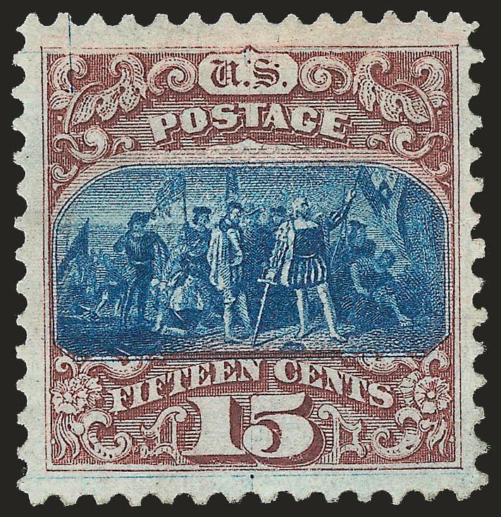 15c Brown & Blue, Ty. I (118).> Original gum, deep rich colors and proof-like impressions on crisp paper, beautiful centering with well-balanced margins<><>^EXTREMELY FINE. A BEAUTIFUL ORIGINAL-GUM EXAMPLE OF
THE 15-CENT 1869 PICTORIAL ISSUE.^<><
