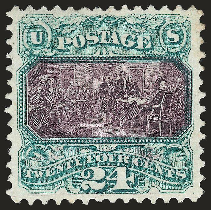 24c Green & Violet (120).> Original gum, strong grill impression, rich colors on bright paper, choice centering, unusual and distinctive additional printing ink from the vignette at bottom which may have been
caused by a partial kiss as it was bein