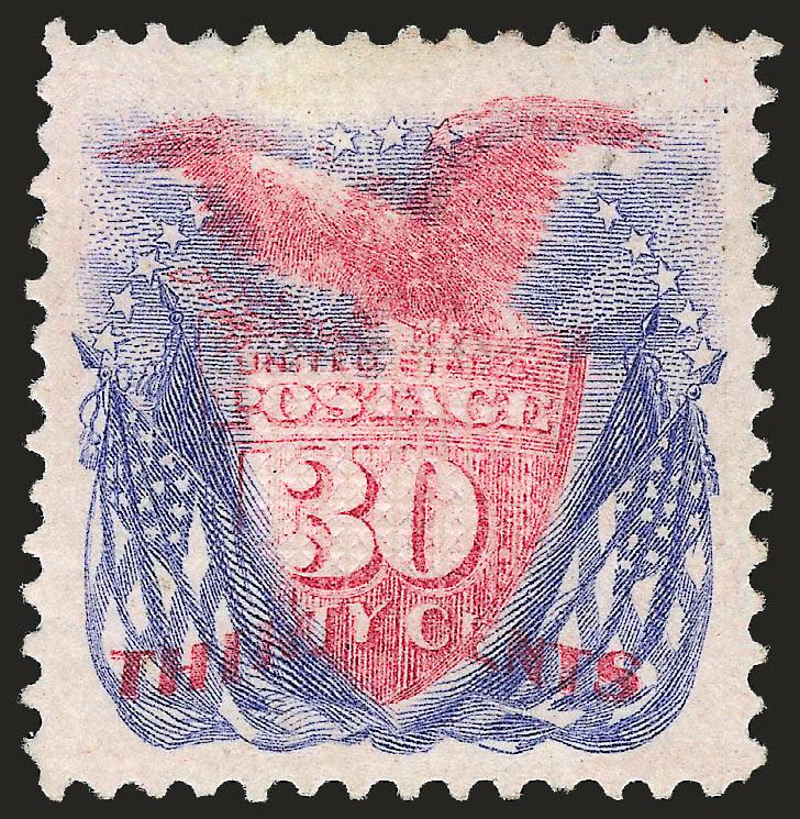 30c Ultramarine & Carmine (121).> Original gum, single hinge mark, brilliant colors, unusually wide and balanced margins, long and full perforations all around<><>^EXTREMELY FINE. A SUPERB ORIGINAL-GUM EXAMPLE
OF THE 30-CENT 1869 PICTORIAL ISSUE. A