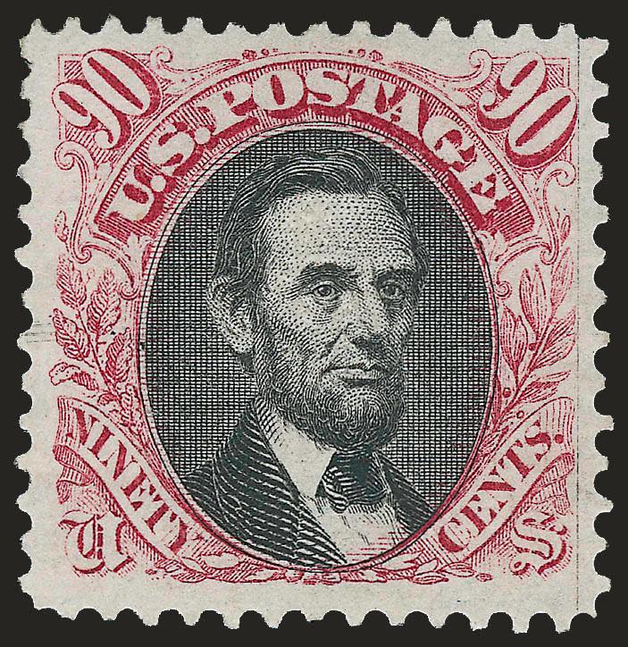 90c Carmine & Black (122).> Original gum, lightly hinged, deep rich colors and detailed impressions, choice centering with well-proportioned margins<><>^EXTREMELY FINE. THIS IS ONE OF THE FINEST ORIGINAL-GUM
EXAMPLES OF THE 90-CENT 1869 PICTORIAL I
