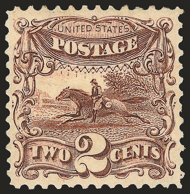 2c Brown, Without Grill (113b).>Original gum, deep rich color and fine impression, attractive centering<><>^VERY FINE AND CHOICE. A RARE EXAMPLE OF THE 2-CENT 1869 PICTORIAL ISSUE WITHOUT GRILL.^<><>Most
examples of this stamp are significantly o
