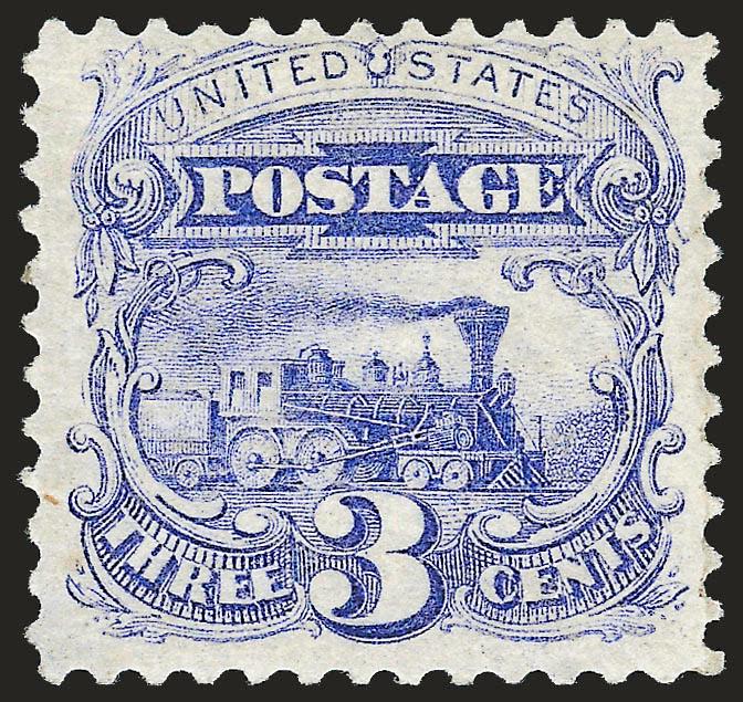 3c Ultramarine, Without Grill (114a).> Original gum, fresh and bright, lovely color<><>^VERY FINE AND CHOICE. AN EXTREMELY RARE SOUND AND CENTERED EXAMPLE OF THE 3-CENT 1869 PICTORIAL ISSUE WITHOUT GRILL. THE
LOWER-VALUE 1869S WITHOUT GRILL ARE MU