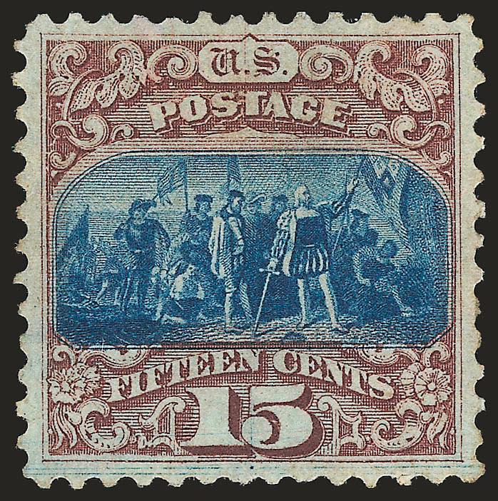 15c Brown & Blue, Ty. I, Without Grill (118a).> Original gum, deep rich colors and detailed impressions, beautiful centering with wide and balanced margins<><>^EXTREMELY FINE. A STUNNING ORIGINAL-GUM EXAMPLE OF
THE RARE 15-CENT TYPE I WITHOUT GRILL