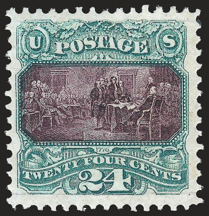 24c Green & Violet, Without Grill (120a).> Original gum, few tiny disturbances, well-centered with wide margins all around, the most intense colors and impressions we have ever encountered in a 24c 1869, long
full perforations, bright white paper<><