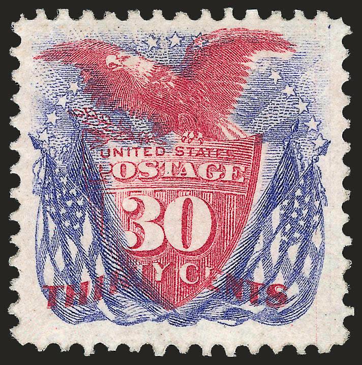30c Ultramarine & Carmine, Without Grill (121a).> Original gum, beautiful rich colors on bright paper, choice centering for this difficult issue<><>^EXTREMELY FINE. A SCARCE SOUND AND CENTERED EXAMPLE OF THE
30-CENT 1869 PICTORIAL ISSUE WITHOUT GRI