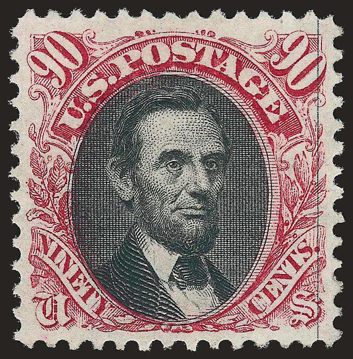90c Carmine & Black, Without Grill (122a).> Fresh original gum, intense colors and proof-like impressions<><>^EXTREMELY FINE. AN EXCEEDINGLY RARE SOUND ORIGINAL-GUM EXAMPLE OF THE 90-CENT 1869 PICTORIAL ISSUE
WITHOUT GRILL. ONLY 23 EXAMPLES HAVE BE