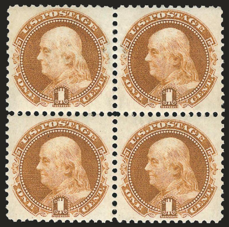 1c Buff, Re-Issue (123).> Block of four, typical brownish original gum, deep rich color and proof-like impression, well-balanced margins<><>^EXTREMELY FINE. A RARE ORIGINAL-GUM BLOCK OF THE 1875 RE-ISSUE OF THE
ONE-CENT 1869 PICTORIAL -- NOT TO BE