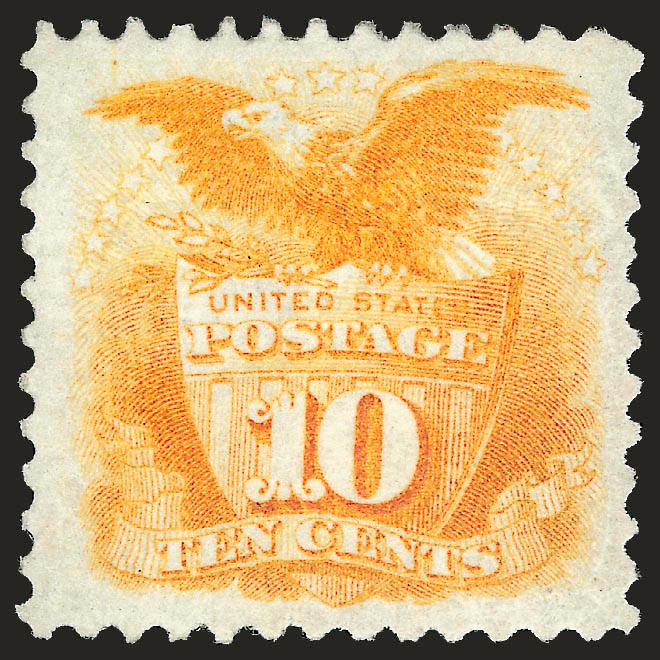 10c Yellow, Re-Issue (127).> Original gum, lightly hinged, vibrant color, choice centering<><>^EXTREMELY FINE. A BEAUTIFUL ORIGINAL-GUM EXAMPLE OF THE 10-CENT 1869 PICTORIAL RE-ISSUE.^<><>With 1990 P.F.
certificate