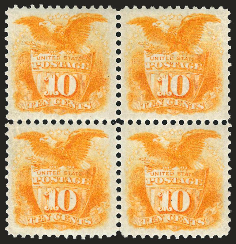 10c Yellow, Re-Issue (127).> Block of four, original gum, radiant color as fresh as the day it was printed, choice centering throughout, two or three trivial perf separations at bottom expertly reinforced (not
mentioned on accompanying certificate)<