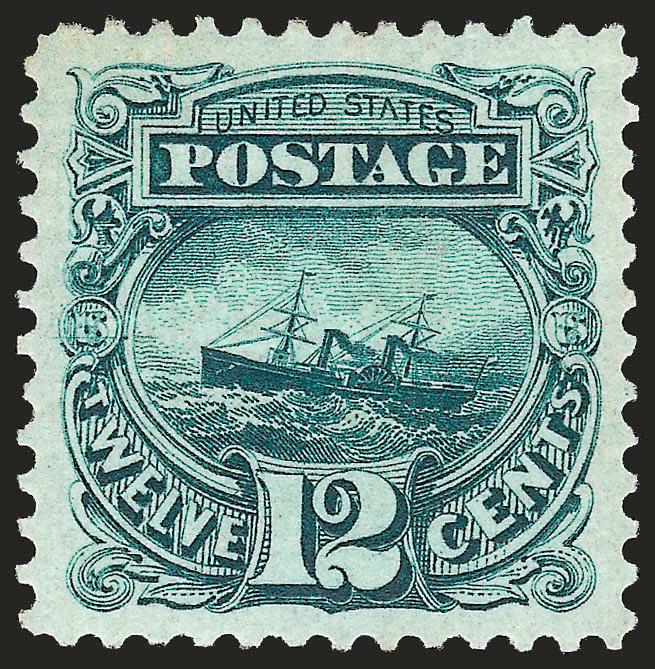 12c Green, Re-Issue (128).> Original gum, lightly hinged deep rich color and sharp proof-like impression, superb centering with wide margins, well-formed perforations all around<><>^EXTREMELY FINE GEM. A
STUNNING ORIGINAL-GUM EXAMPLE OF THE 12-CENT