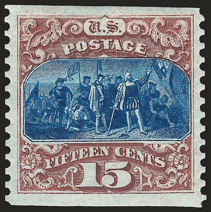 15c Brown & Blue, Re-Issue, Imperforate Horizontally (129a).> Full original gum, deep rich colors and proof-like impressions, unusually choice centering with wide margins<><>^EXTREMELY FINE GEM. THIS VARIETY IS
EXTREMELY RARE WITH ORIGINAL GUM. THE