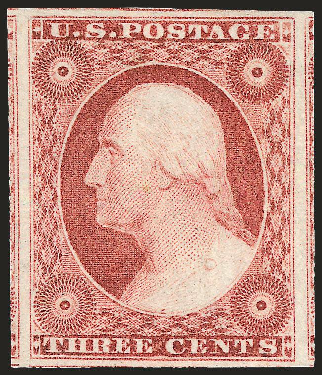3c Dull Red, Ty. II (11A). Mint N.H.,> massive margins all around incl. part of four adjoining stamps, brilliant color on post-office fresh paper<><>^EXTREMELY FINE GEM. THIS STUNNING MINT NEVER-HINGED EXAMPLE OF
THE IMPERFORATE 1851 3-CENT DULL RE