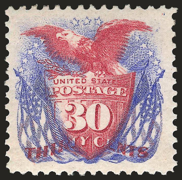 30c Blue & Carmine, Re-Issue (131).> Original gum, lightly hinged, deep rich colors on post-office fresh paper, wide margins<><>EXTREMELY FINE. A BEAUTIFUL ORIGINAL-GUM EXAMPLE OF THE 30-CENT 1869 PICTORIAL
RE-ISSUE IN A REMARKABLE STATE OF FRESHNE
