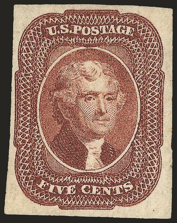 5c Red Brown (12).> C Relief, original gum, barest trace of hinging, large to huge margins all around incl. portion of the adjoining stamp at right, intense color and proof-like impression<><>^EXTREMELY FINE GEM.
WITHOUT QUESTION ONE OF THE FINEST