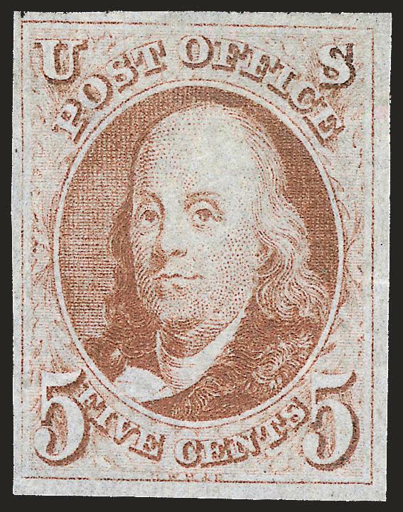 5c Red Brown (1).> Original gum, small h.r., radiant color, large margins all around<><>^EXTREMELY FINE. A BEAUTIFUL ORIGINAL-GUM EXAMPLE OF THE 5-CENT 1847 ISSUE. A STUNNING STAMP IN TERMS OF MARGINS, COLOR AND
FRESHNESS OF GUM.^<><>With 1969 an