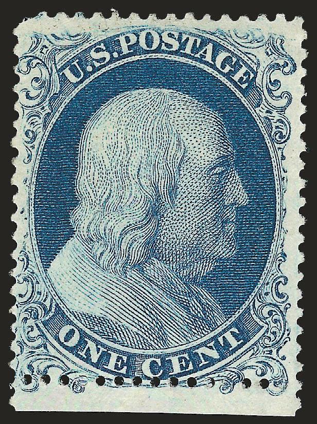 1c Blue, Ty. Ia (19).> Original gum, unusually wide margins for this issue with <intact perfs and part of selvage at bottom,> clearly showing the full design at bottom (the defining characteristic of the type),
deep rich color and proof-like impressi