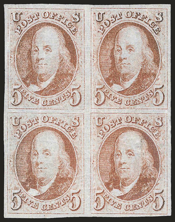 5c Red Brown (1).> Block of four, original gum, full to large margins all around, gorgeous bright shade with very strong hue, exceptionally fresh, accompanying certificate notes light vertical creases, these are
caused by the naturally crackly gum th