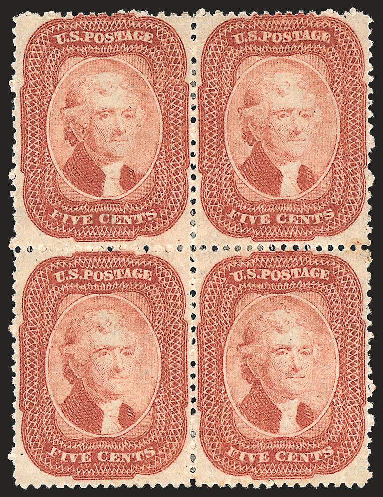 5c Brick Red (27).> Block of four, original gum, beautiful bright Brick Red color, incredibly well-centered for this difficult stamp, top left stamp insignificant small thin spot<><>^VERY FINE-EXTREMELY FINE.
THIS IS THE ONLY RECORDED BLOCK OF THE