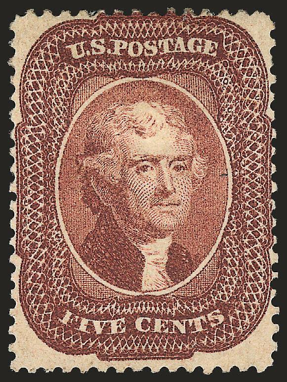 5c Red Brown (28).> Original gum, intense reddish shade and remarkably detailed impression on crisp paper<><>^FINE. THE 1857 5-CENT RED BROWN IS AN EXTREMELY RARE STAMP WITH ORIGINAL GUM. THIS IS ONLY THE SECOND
SINGLE WITH ORIGINAL GUM WE HAVE OFF
