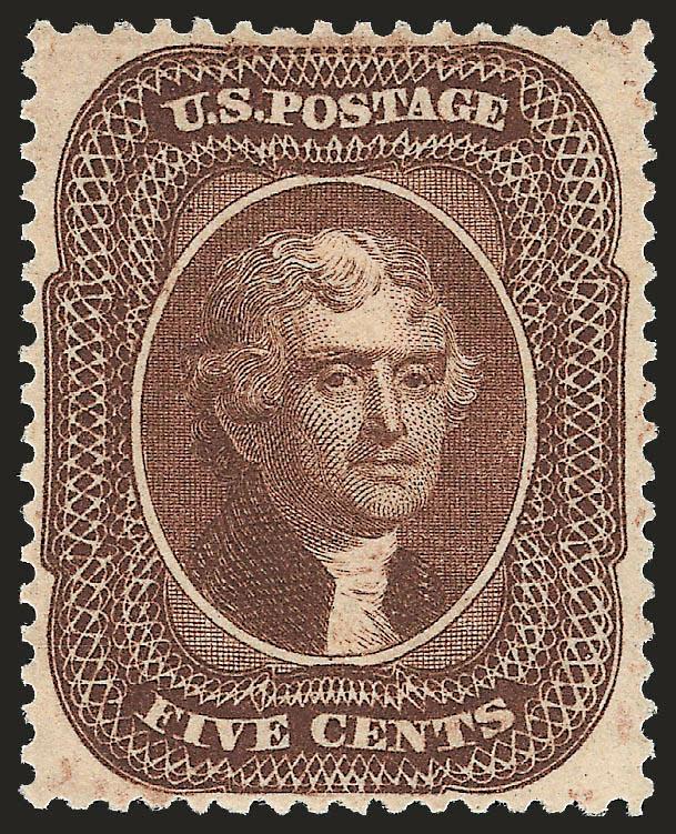 5c Brown, Ty. II (30A).> Original gum, lightly hinged, deep rich color and proof-like impression which shows every detail of the lathework, unusually choice centering with wide margins, long and full perforations
all around<><>^EXTREMELY FINE GEM.