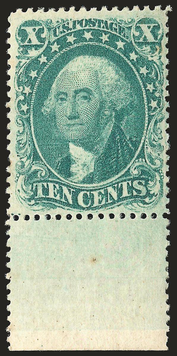 10c Green, Ty. I (31).> Position 99R1 with <curl in left X and wide sheet selvage at bottom> original gum, lightly hinged, beautiful bright shade, choice centering with wide margins leaving the key design
characteristics framed by white, tiny toned