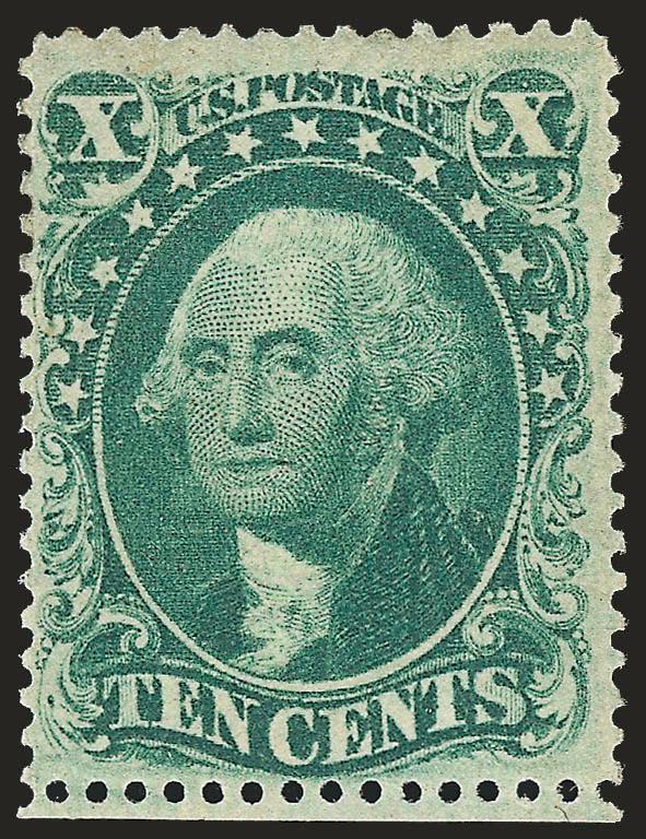10c Green, Ty. III (33).> Original gum, lightly hinged, warm shade, intact perfs at bottom, choice centering for this difficult issue<><>^VERY FINE. A BEAUTIFUL AND SCARCE SOUND ORIGINAL-GUM EXAMPLE OF THE 1857
10-CENT TYPE III.^<><>The first per