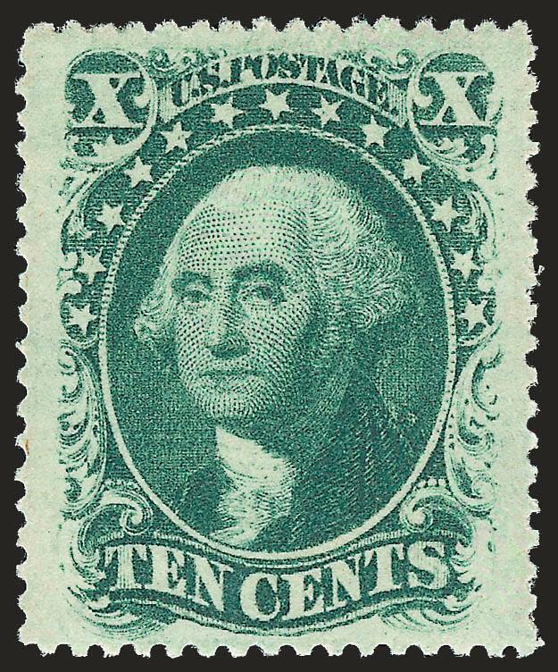 10c Green, Ty. V (35). Mint N.H.,> brilliant color on post-office fresh paper, gorgeous centering with Jumbo margins<><>^EXTREMELY FINE GEM. AN ABSOLUTELY STUNNING MINT NEVER-HINGED EXAMPLE OF THE 1859 10-CENT
TYPE V. THIS IS EASILY ONE OF THE FINE